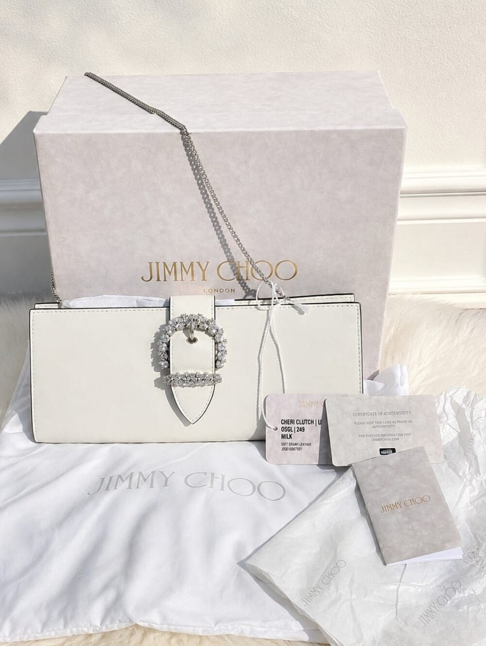 NWT Authentic Jimmy Choo - Crystal Buckle Chain Clutch W/ Dustbag, tags, box